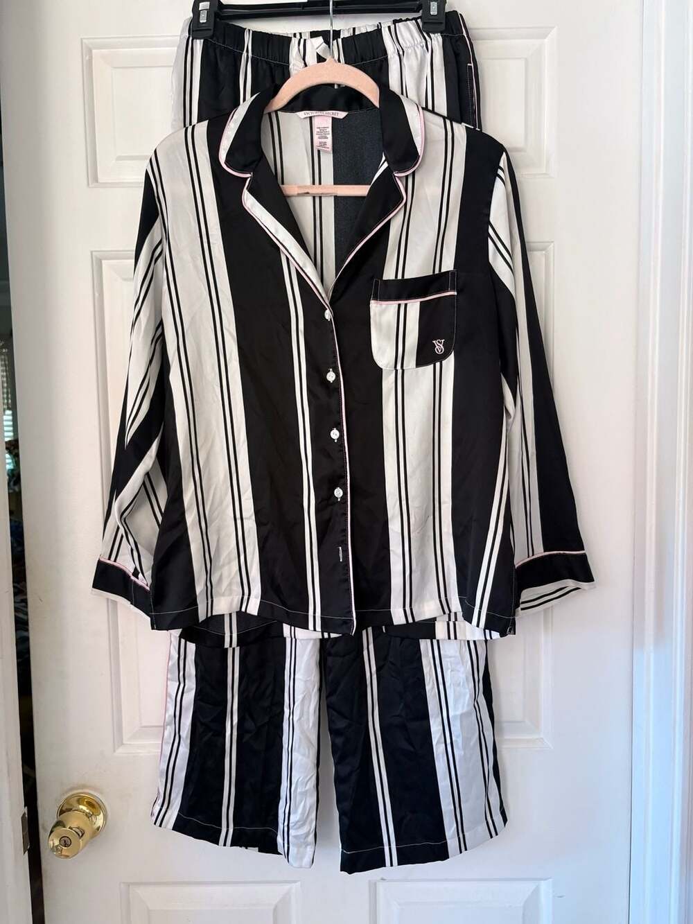 Victoria's Secret Black & White Stripe Satin Long Pajama Set